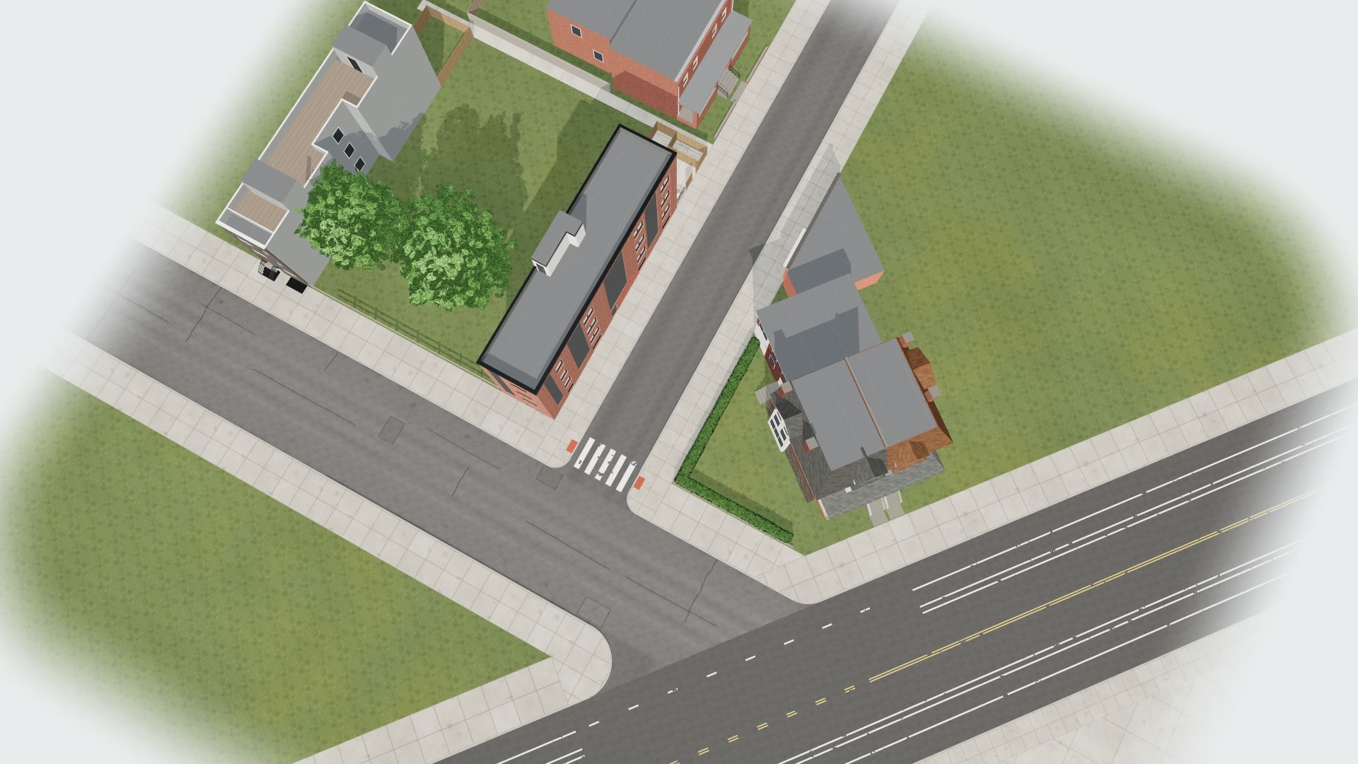 The corner building and its streets seen from high above
