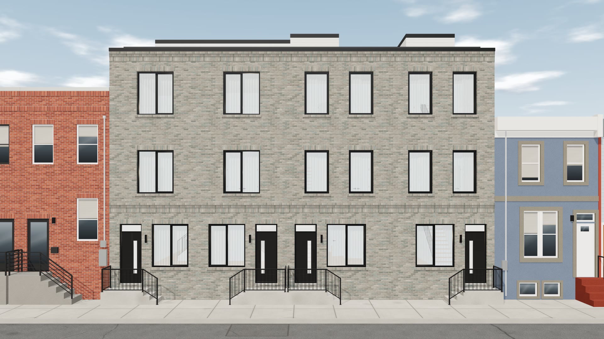 The front of the four townhomes, drawn straight on
