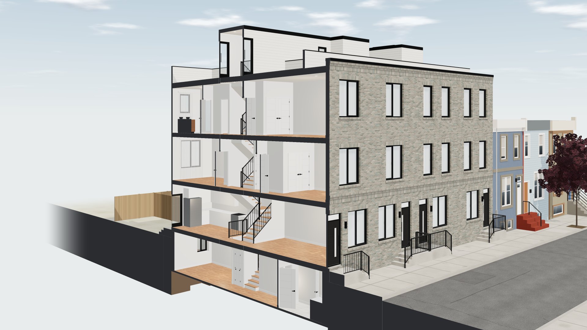 A townhome cut open from front to back and seen from an angle: four floors, the stairs and the rooms behind them